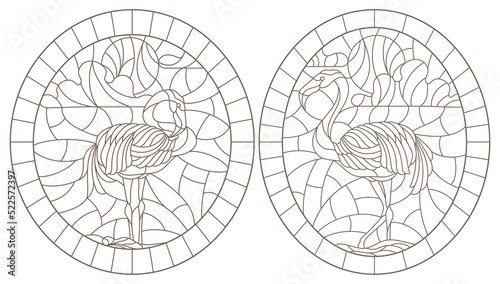 Set contour illustrations of stained glass with flamingos  on a pond on a background sky and sun, dark contours on a white background