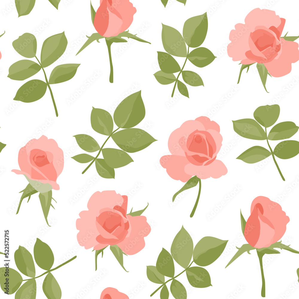 Rose flower pattern, seamless, pink flowers on a 
white background, print for textiles, wallpaper, fabric, packaging