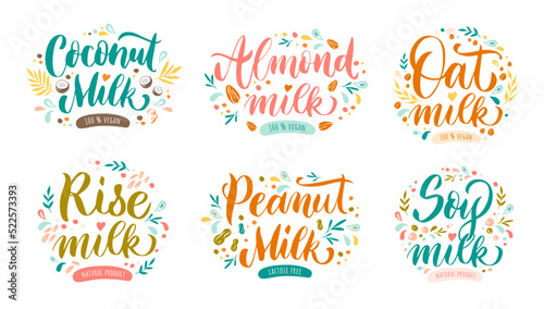 Vegan milk lettering. Coconut, peanut and almond nuts drink. Oat cereals, natural rise and soy plant-based milk product label vector set