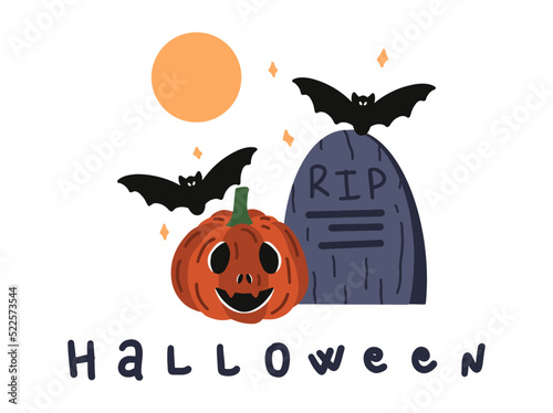 Halloween vector illustration - character if pumpkin, bats, moon