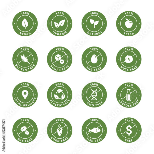 Product icons. Organic natural vegan products labels, sugar, egg and lactose free tag. Gluten, nuts and fish free allergy tags vector set