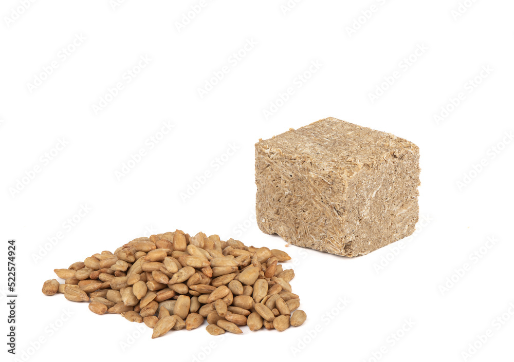 A piece of sunflower halva and peeled sunflower seeds on a white background.