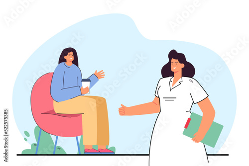Woman visiting doctor flat vector illustration. Girl sitting in armchair, drinking coffee and talking with therapist. Healthcare, medicine concept for banner, website design or landing web page