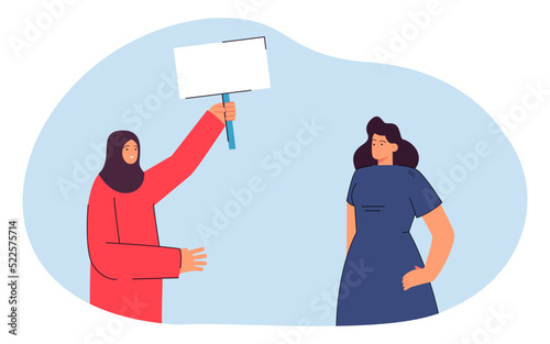 Woman looking at Arab woman with blank banner. Woman wearing hijab standing up for equal rights flat vector illustration. Demonstration concept for banner, website design or landing web page