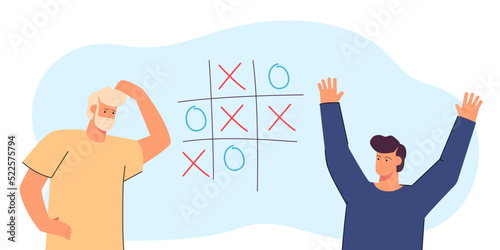 Son beating dad at tic-tac-toe flat vector illustration. Young and elderly men playing oughts and crosses. Game, winning, failure, recreation concept for banner, website design or landing web page photo