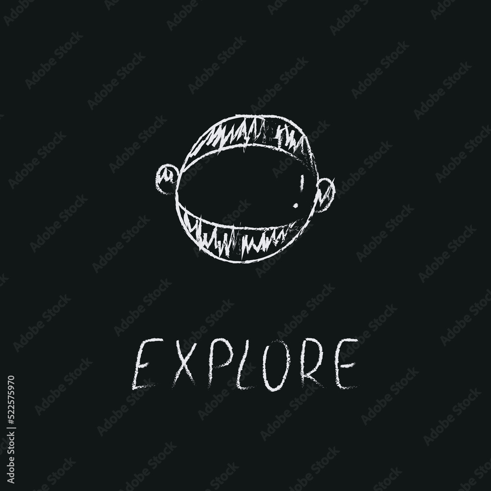 Doodle cosmos illustration in childish style. Hand drawn space card with lettering explore, astronaut helmet. Black and white. Doodle cosmos illustration in childish style. Hand drawn space card with lettering explore, astronaut helmet. Black and white.