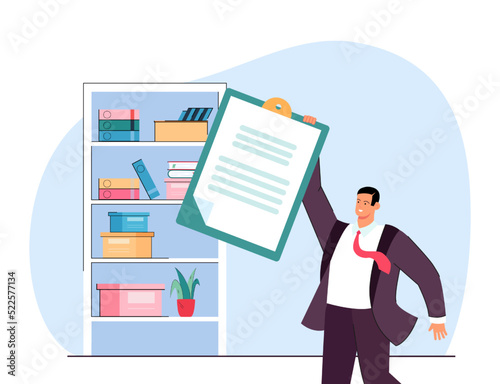 Employee holding clipboard with document. Male cartoon character in official suit completing work flat vector illustration. Business, occupation concept for banner, website design or landing web page