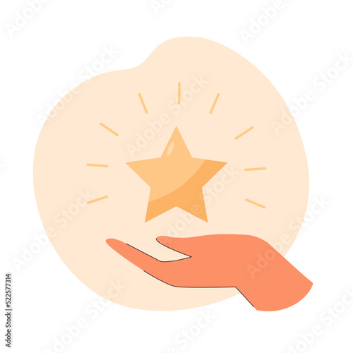 Golden star on human hand flat vector illustration. Person holding rating star as sign of high quality, success. Service, feedback, satisfaction concept for banner, website design or landing web page