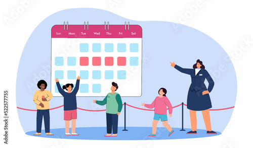 Kids looking at huge calendar at museum flat vector illustration. Boys and girl with guide at museum. Education, excursion concept for banner, website design or landing web page
