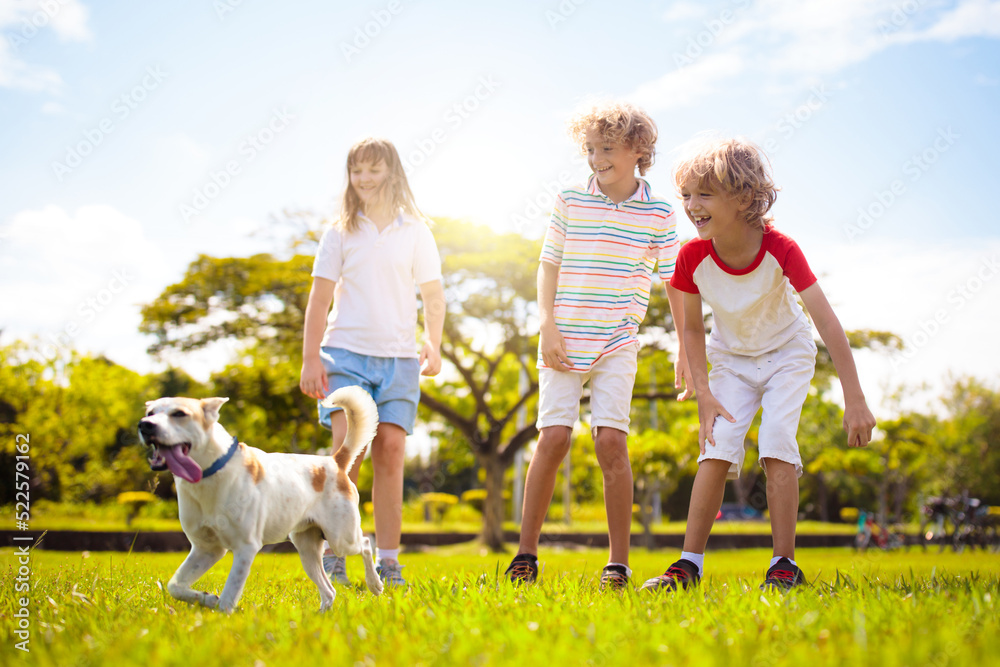 Obraz premium Kids play with dog. Children and puppy run in park