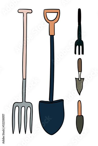 Garden tools set. Shovel, rake. Vector illustration.