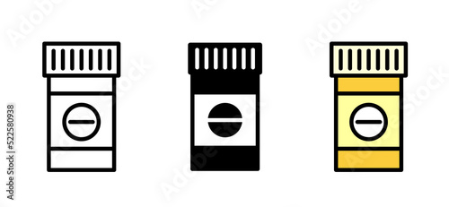 Vial of pills. Plastic packaging with pills. Set isolated on white background. Vector clipart.