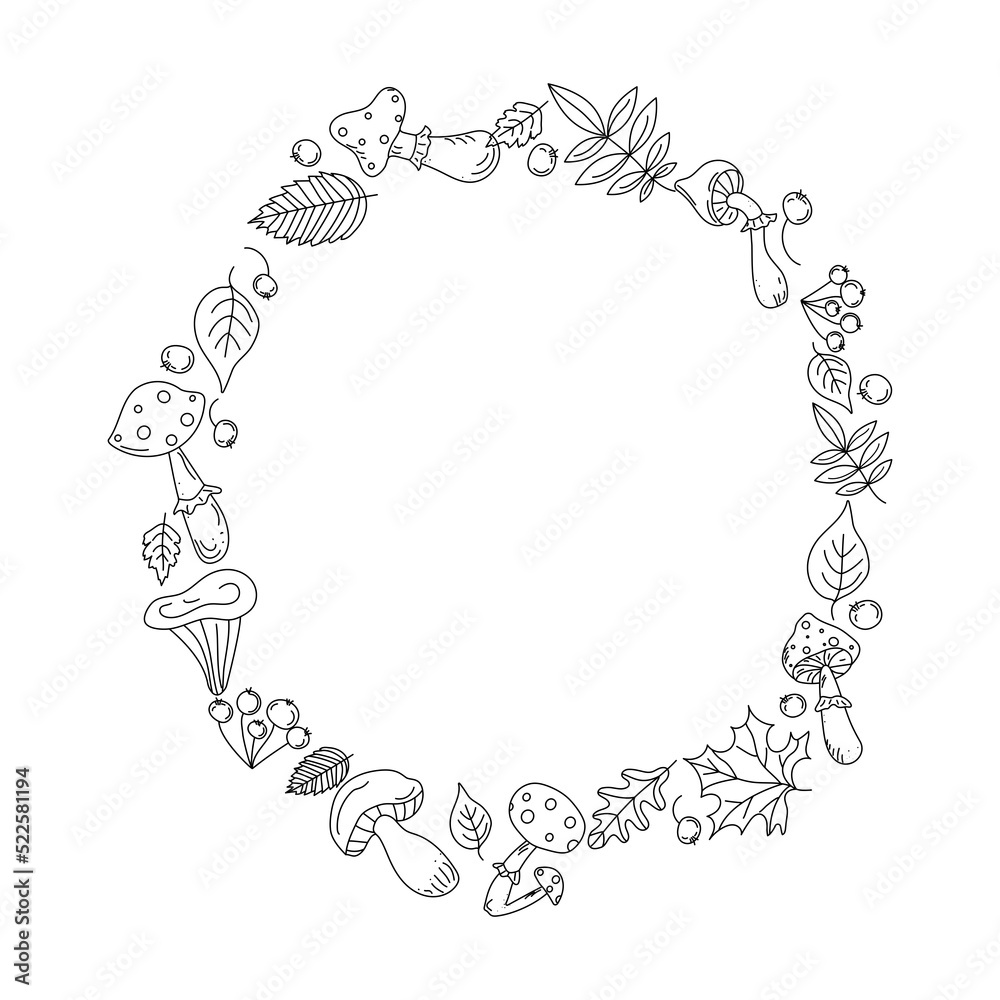 Mushrooms and leaves. Set . Frame, floral ornament, round. Vector icons in doodle style. Isolated elements for design, graphic drawings mushrooms, berries, leaves in black outline. Mushrooms and leaves. Set . Frame, floral ornament, round. Vector icons in doodle style. Isolated elements for design, graphic drawings mushrooms, berries, leaves in black outline.