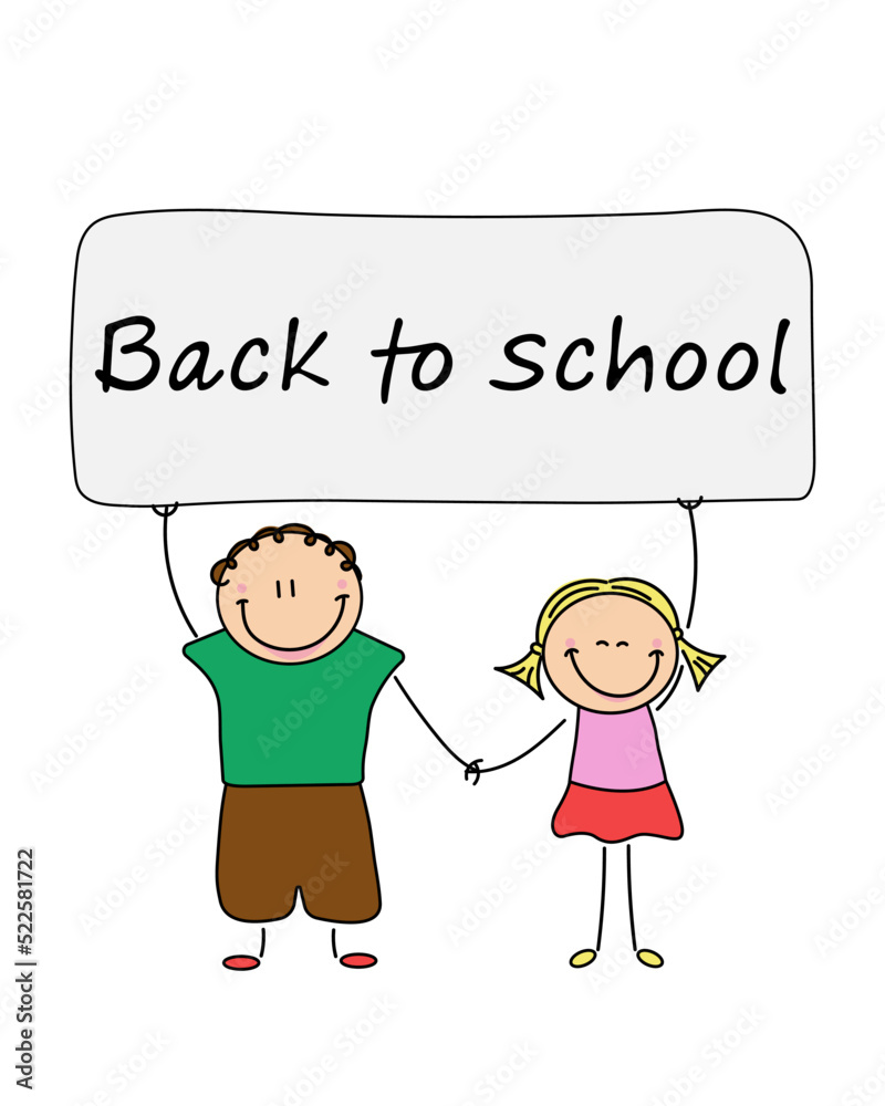 Children are holding a banner with the inscription Back to School. Childish characters, girl and boy isolated on white background. Children are holding a banner with the inscription Back to School. Childish characters, girl and boy isolated on white background.