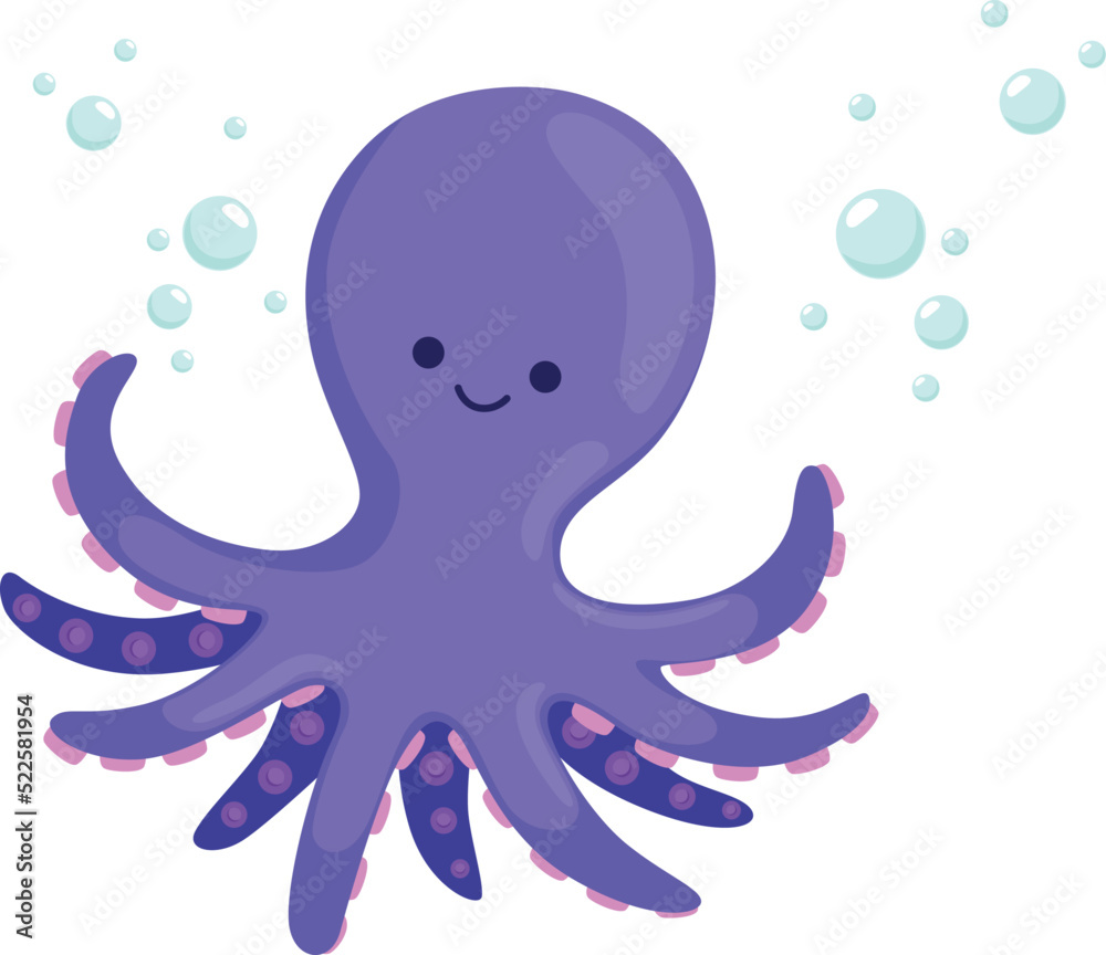 Fototapeta premium Funny octopus swimmimg in water. Cute purple animal