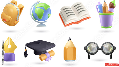 School and education icons 3d render vector set
