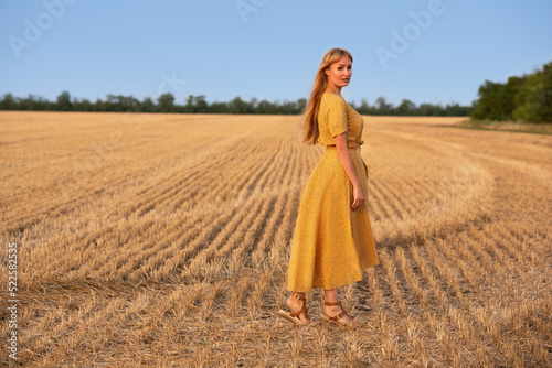 Cute girl in a yellow dress posing against the background of a wheat field © alexmina
