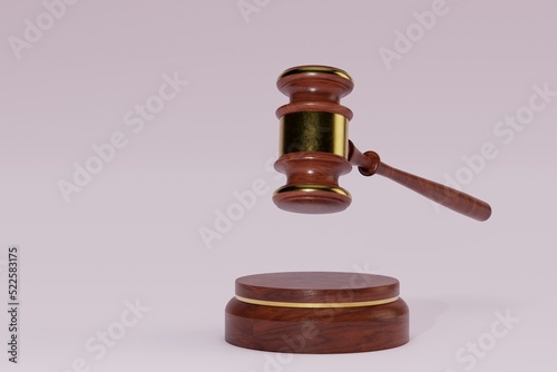 judgment in the courtroom. holding a big auction. wooden hammer with a stand on a pastel background. copy paste, copy space. 3d render. 3d illustration