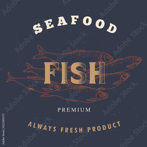 Fish logo template on a dark background. Fish label for the menu of fish restaurants, markets and shops. Vintage vector illustration in the style of an old engraving.