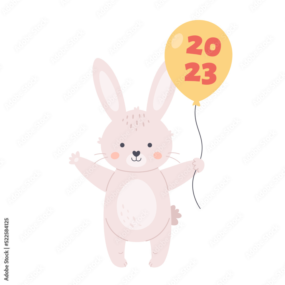 Obraz premium Cute white bunny wishes a Happy New Year 2023. Rabbit with air balloon. Year of the Rabbit. Winter holidays. Hand drawn vector illustration