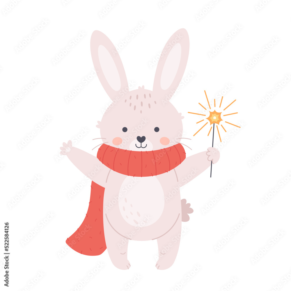 Obraz premium Cute white bunny in scarf with bengal fire. New Year and Merry Christmas greeting card. Year of the rabbit. Hand drawn vector illustration