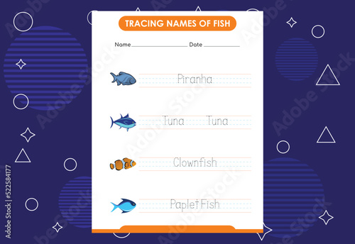 Trace the names of fish. Handwriting practice for preschool kids