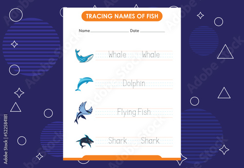 Trace the names of fish. Handwriting practice for preschool kids