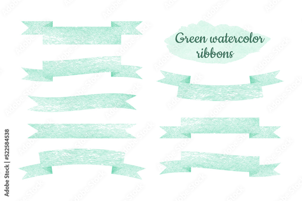green watercolor ribbon set on white background