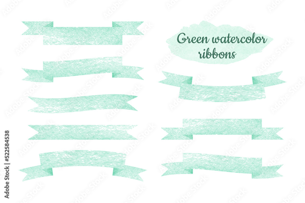 green watercolor ribbon set on white background green watercolor ribbon set on white background