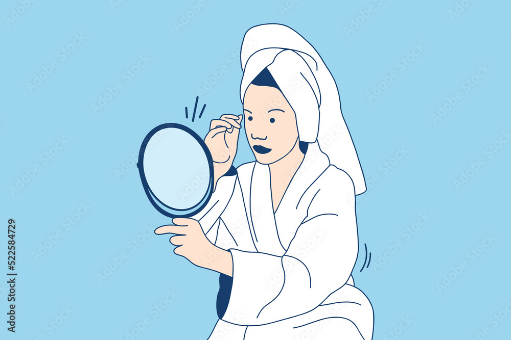 Illustrations Beautiful young woman in bathrobe look at mirror applying cream on face as daily routine