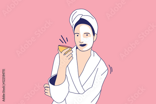 Illustrations Beautiful young woman in bathrobe applying a natural facial mask half face