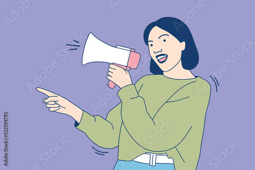 Illustrations Beautiful young woman shouting into megaphone making announcement