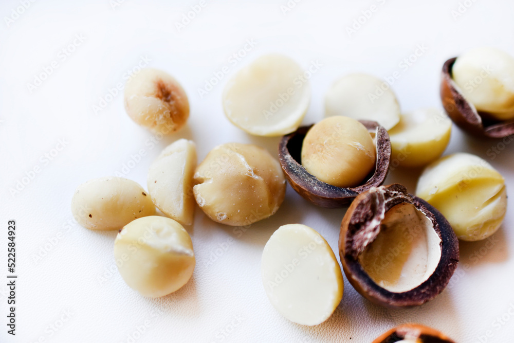 Whole nut and Macadamia kernel on a white background. Delicious whole nuts.