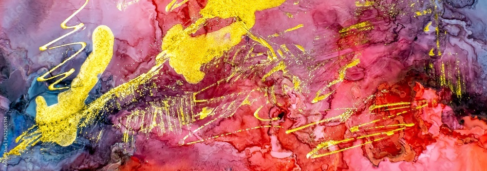 Gold pattern and lines on red Alcohol ink fluid abstract texture fluid art with gold glitter and liquid.