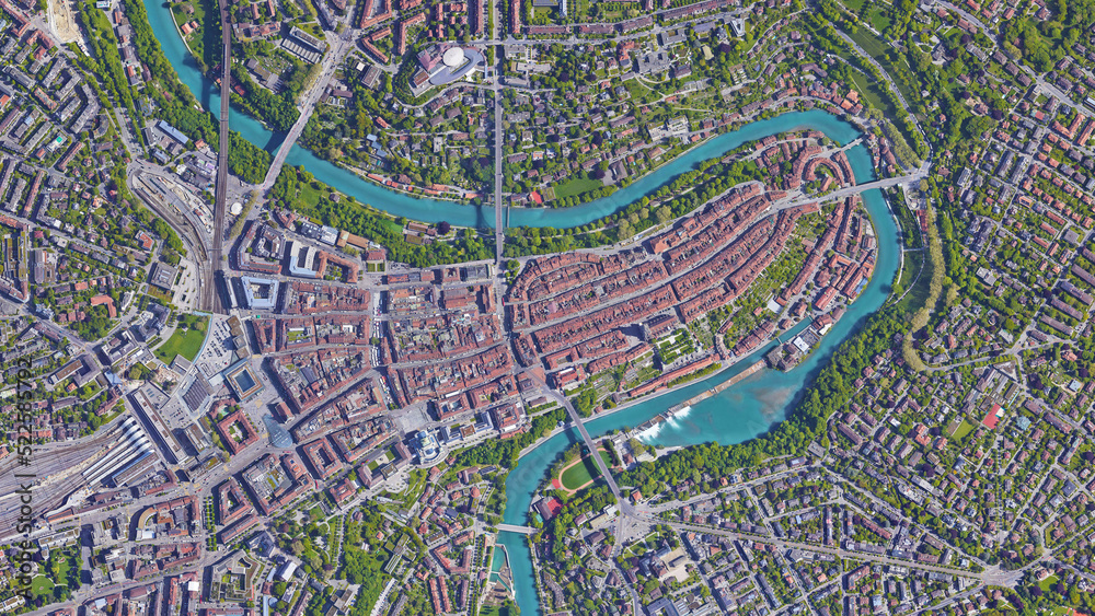 Bern and Aare river bird's eye view, looking down aerial view from above Bern, Switzerland
