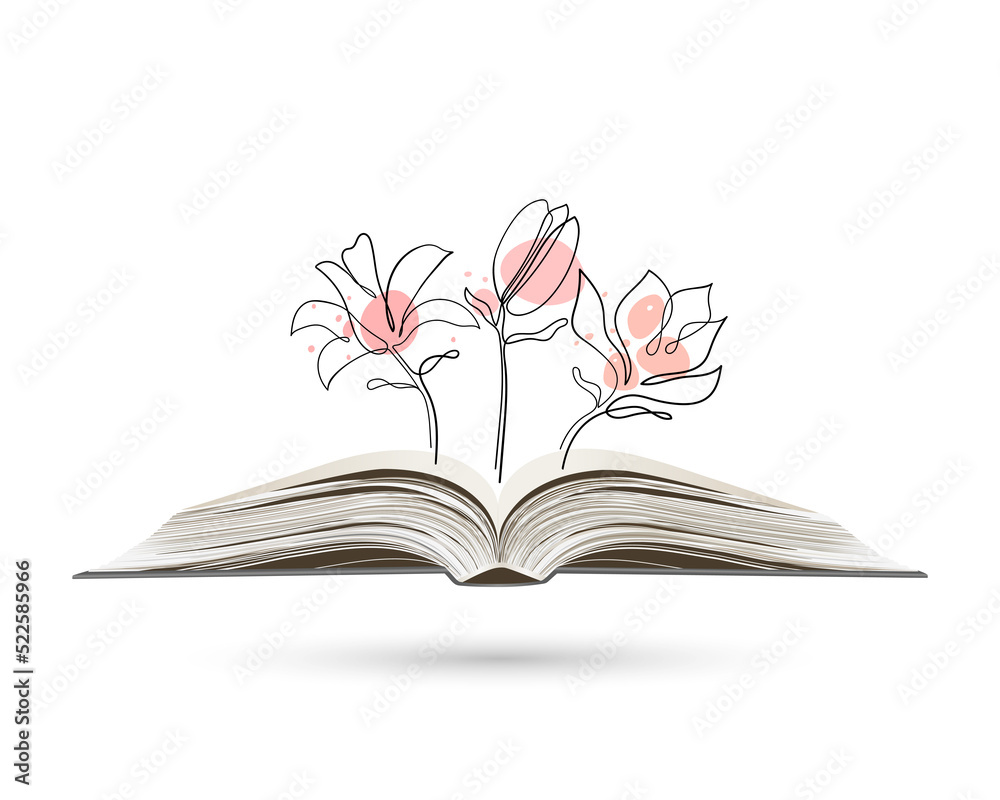 Continuous line drawing of magnolia flowers on an open book. Continuous line drawing of magnolia flowers on an open book.