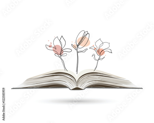 Continuous line drawing of magnolia flowers on an open book. Abstract minimal poppy