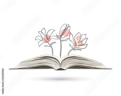 Continuous line drawing of magnolia flowers on an open book.  © lulya