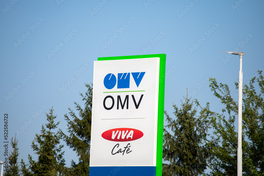 Logo and sign of OMV on gas station. Viva cafe. OMV is a Hungarian