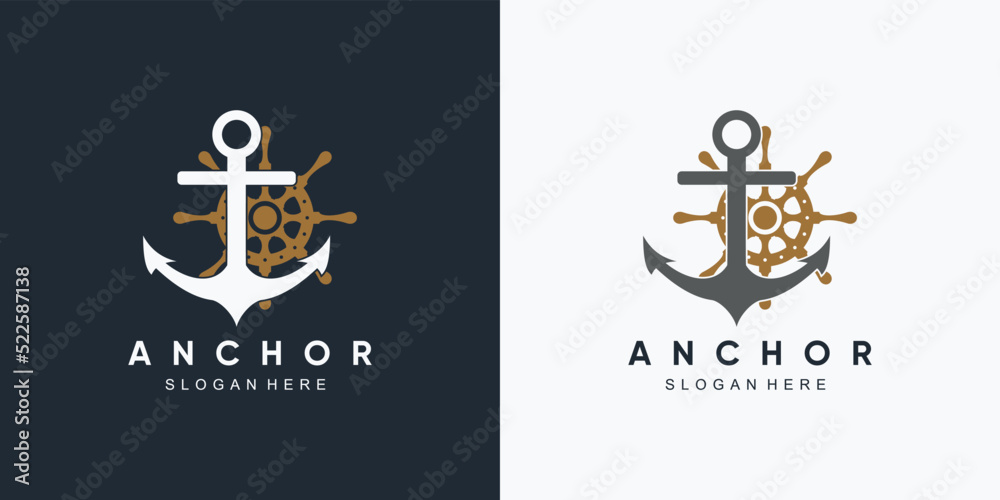 anchor marine and ship wheel icon logo design template with creative element