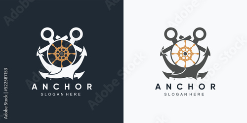 anchor marine and ship wheel icon logo design template with creative element