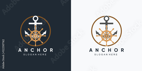 anchor marine and ship wheel icon logo design template with creative element