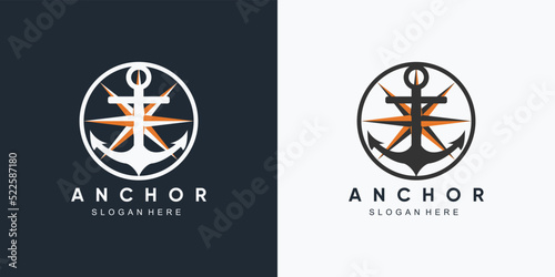 anchor marine and ship wheel icon logo design template with creative element