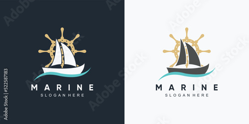 anchor marine and ship wheel icon logo design template with creative element