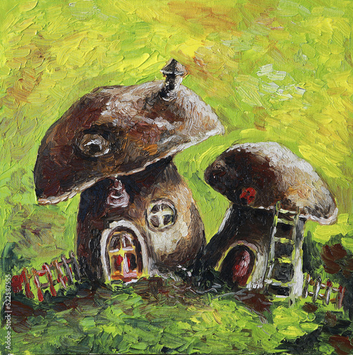 Fabulous houses in mushrooms on a green background. Fabulous village of mushrooms in the woods. Modern cartoon oil painting on canvas photo