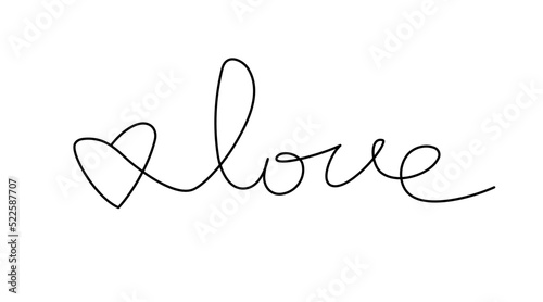 Love word, handwriting text isolated on white background. Simple outline lettering card template. Valentine's day celebration print. Romantic poster.