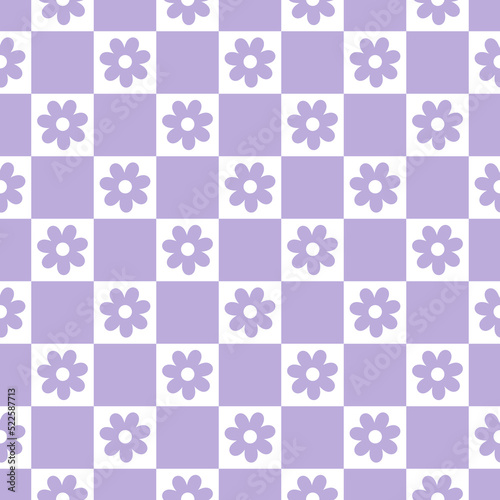Vector seamless pattern with purple checkerboard and daisies.