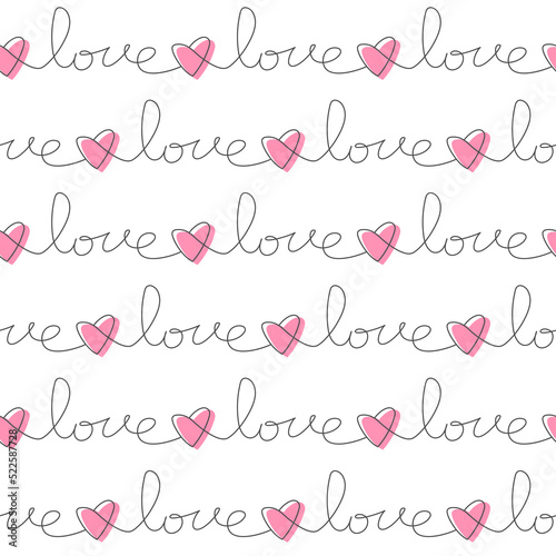 Love word, handwriting seamless pattern with text isolated on white background. Simple outline lettering card template. Valentine's day celebration print. Romantic poster.