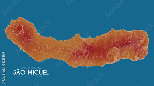 Topographic map of Sao Miguel, Azores Islands, Portugal. Vector detailed elevation map of island. Geographic elegant landscape outline poster.