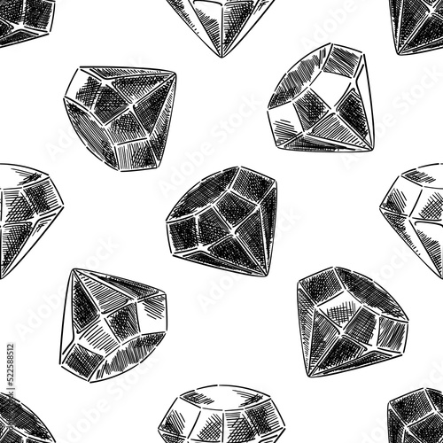 Seamless pattern of black hatched crystal, hand drawn on a white square background.